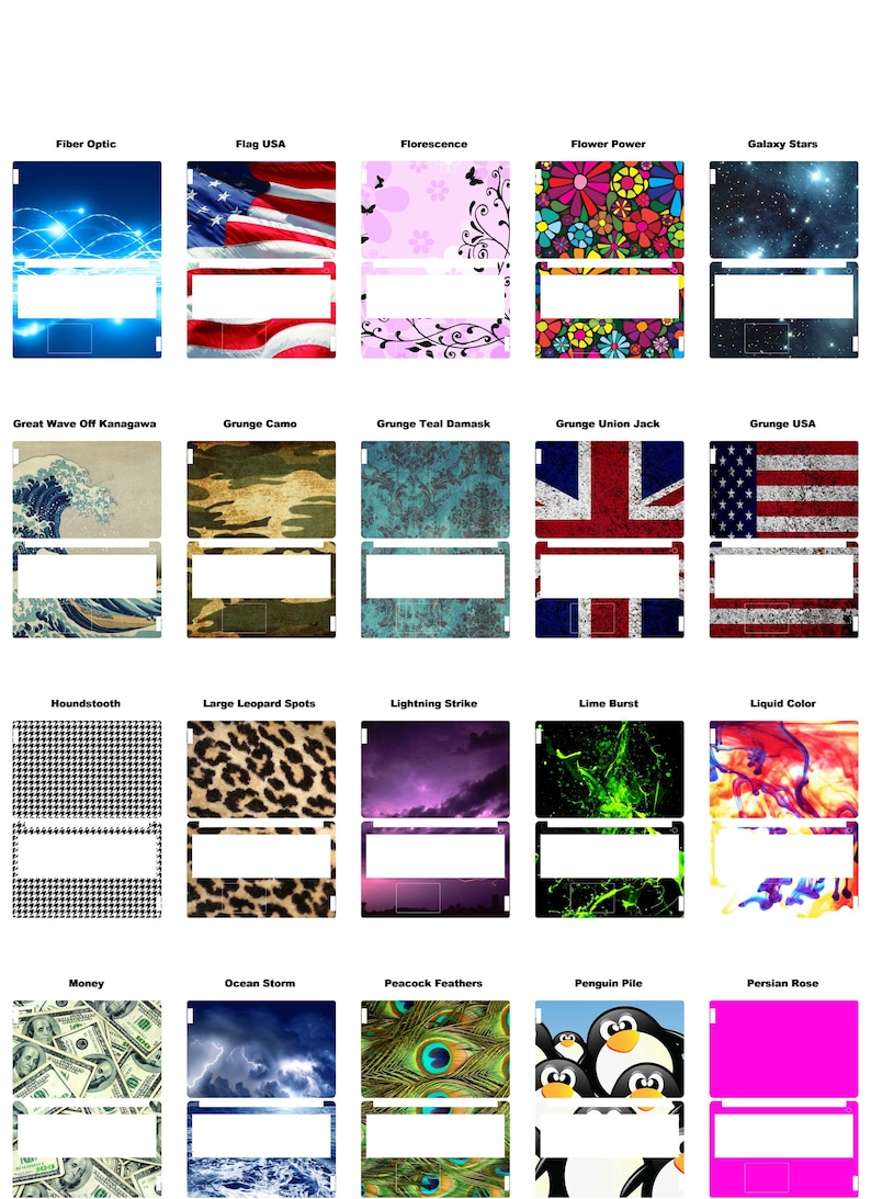 May include: A collection of laptop skins with various designs. The designs include a fiber optic pattern, the American flag, floral patterns, galaxy stars, and more. Each skin has a white rectangular area.