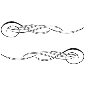 May include: Two black vinyl decals featuring a swirling design. Each decal has a circular element at one end, with flowing, curved lines extending from it. The decals are symmetrical and suitable for vehicle or surface decoration.