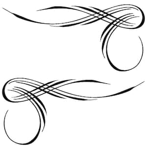 May include: Two black decorative flourishes on a white background. Each flourish features a series of curved lines and a circular element. The design is symmetrical, with one flourish at the top and another at the bottom.