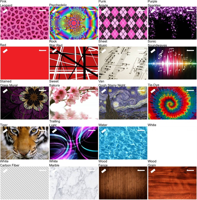 May include: A collage of 16 different patterns and designs, including a pink leopard print, a psychedelic pattern, a punk argyle pattern, a purple sparkles pattern, a red solid color, a rock star red pattern, a sheet music pattern, a sonic soundwaves pattern, a stained glass mural pattern, a sweet sakura pattern, a Van Gogh starry night pattern, a tie-dye pattern, a tiger pattern, a trailing light pattern, a water pattern, a white carbon fiber pattern, a white marble pattern, a wood fence pattern, and a wood grain pattern.