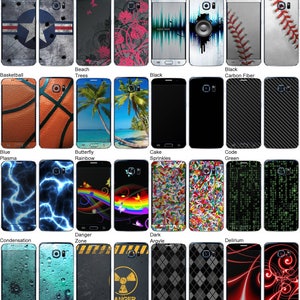 May include: A collection of 20 different phone skins featuring various designs, including sports, nature, abstract patterns, and more. The skins are all designed to fit a standard smartphone.