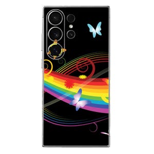 May include: Black phone case with a vibrant rainbow design and two butterflies. The case features a colorful rainbow arching across the bottom, with swirling lines and floral accents. Two butterflies in shades of blue and purple are also featured.