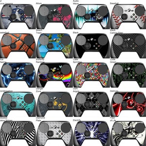 May include: A collection of 20 different designs for a video game controller skin. The designs include a variety of themes, such as sports, nature, and abstract patterns.