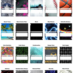 May include: A collection of laptop skins with various designs. The designs include an Air Force insignia, pink floral patterns, a sound wave, a baseball, a basketball, palm trees, carbon fiber, solid black, blue lightning, and a rainbow with butterflies.