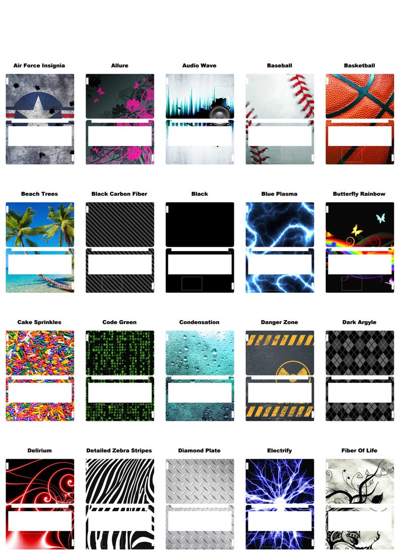May include: A collection of laptop skins with various designs. The designs include an Air Force insignia, pink floral patterns, a sound wave, a baseball, a basketball, palm trees, carbon fiber, solid black, blue lightning, and a rainbow with butterflies.