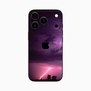 May include: A phone case featuring a dramatic purple sky with a lightning bolt. The case has a black Apple logo and camera array. The design evokes a stormy, atmospheric aesthetic.