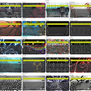 May include: Collection of wireless keyboards with various designs. Includes keyboards with themes like "Air Force Insignia", "Baseball", "Beach Trees", "Butterfly Rainbow", "Cake Sprinkles", and "Zebra Stripes". Each keyboard has a yellow accent bar.