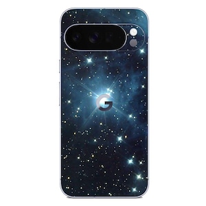 May include: A smartphone case featuring a cosmic design with a deep blue and teal nebula background, speckled with white stars. The Google logo is centered, and the camera array is visible at the top.