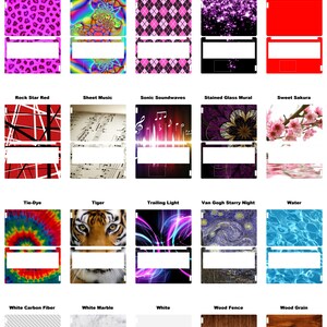 May include: A collection of laptop skins with various designs. Styles include pink leopard print, psychedelic patterns, punk argyle, purple sparkles, and solid red. Other designs feature sheet music, a tiger, and wood grain.