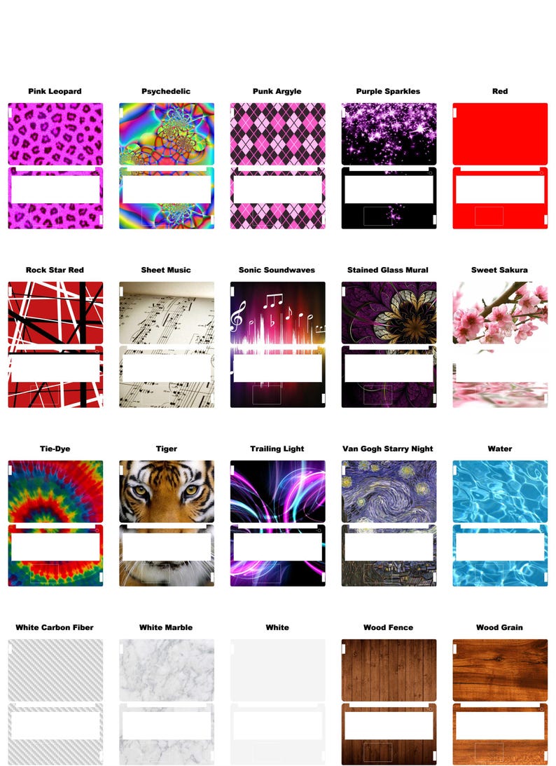 May include: A collection of laptop skins with various designs. Styles include pink leopard print, psychedelic patterns, punk argyle, purple sparkles, and solid red. Other designs feature sheet music, a tiger, and wood grain.