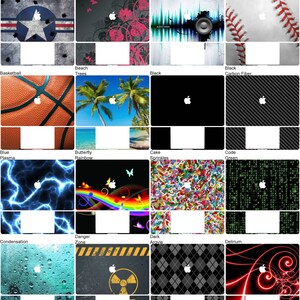 May include: A collage of 20 different laptop skin designs. The designs include a variety of themes, such as sports, nature, and abstract patterns. Each design is shown on a laptop with a white Apple logo.