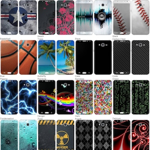 May include: A collection of 20 different phone skins featuring various designs, including a basketball, a beach scene, a butterfly, a cake with sprinkles, a code pattern, a danger zone sign, a dark argyle pattern, and a red and black swirl design.