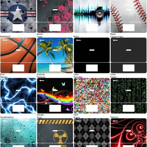 May include: A collage of 40 different laptop skin designs. The designs include a variety of themes, such as sports, nature, abstract, and technology. Each design is shown in a square format, with a white border around the edge.