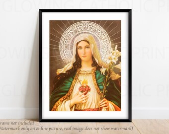Sagrado Corazon de Maria, Maria Sacred Heart, 8x10 Print, Catholic Art, Altar, Gift, Religious Gift, Mother's Day Gift, gift for mom