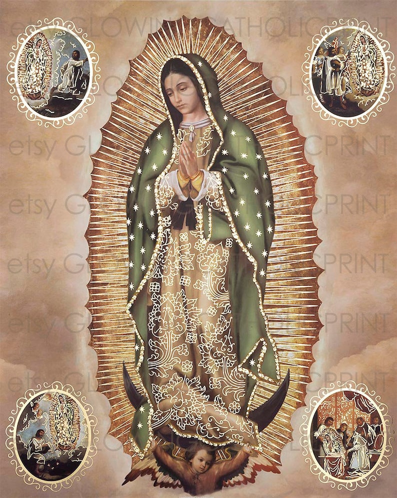 May include: A painting of the Virgin Mary of Guadalupe, a religious icon in Mexico. She is depicted wearing a blue and green robe with gold trim and a crown of stars. The painting is set against a background of clouds and a golden halo.