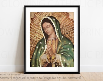 Our Lady of Guadalupe Virgin Mary Religious Art Prints that GLOW (Half Body Image) Christmas Gift, Virgen de Guadalupe, Virgin Mary