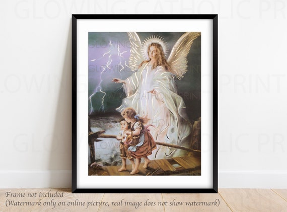 Guardian Angel Print, Spiritual Gift, Religious Art, Angel Art Print, Angel Watching over Children, Wall decor, Mothers Day Gift, Altar,