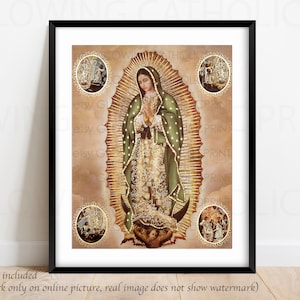 History of Our Lady of Guadalupe Virgin Mary with apparitions.  Religious Art Prints that glow. Makes a perfect Gift, Virgen de Guadalupe