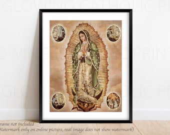 History of Our Lady of Guadalupe Virgin Mary with apparitions.  Religious Art Prints that glow. Makes a perfect Gift, Virgen de Guadalupe