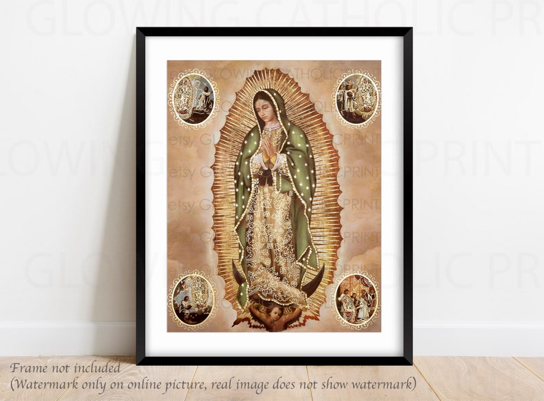 May include: A framed print of Our Lady of Guadalupe, a Catholic icon, with a gold background and a green and gold robe. The image is surrounded by four smaller images of scenes from the Virgin Mary's life.