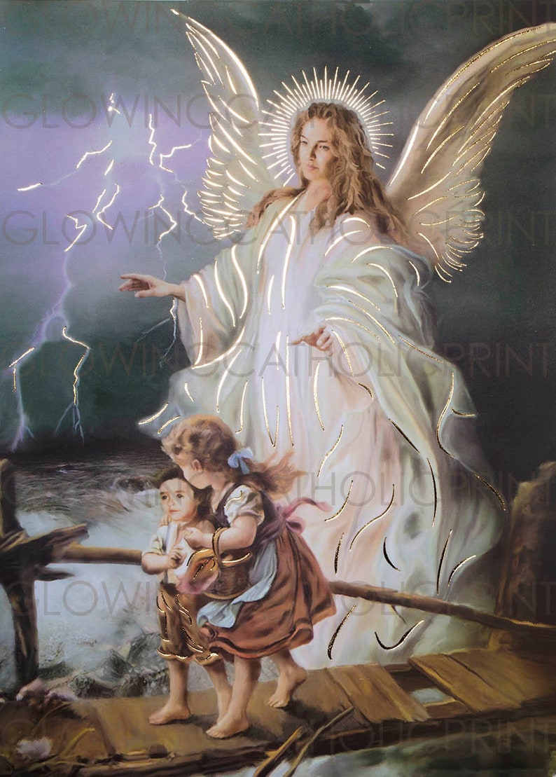 May include: A painting of an angel with golden wings, guiding two children across a wooden bridge over a stormy sea. The angel is wearing a white gown with gold accents, and the children are dressed in simple clothing. The sky is dark and stormy, with lightning bolts flashing in the background.
