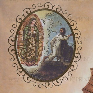 May include: A vintage religious print depicting Our Lady of Guadalupe and Saint Juan Diego. The image is framed in a gold ornate oval frame against a beige background.