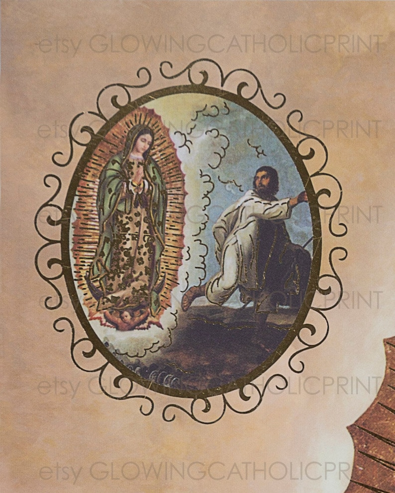 May include: A vintage religious print depicting Our Lady of Guadalupe and Saint Juan Diego. The image is framed in a gold ornate oval frame against a beige background.