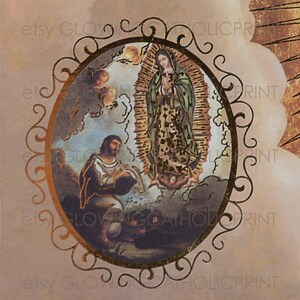 May include: A gold-framed image of the Virgin Mary in a blue and green robe, standing on a cloud with a man kneeling in prayer below her. The image is surrounded by a decorative gold frame.