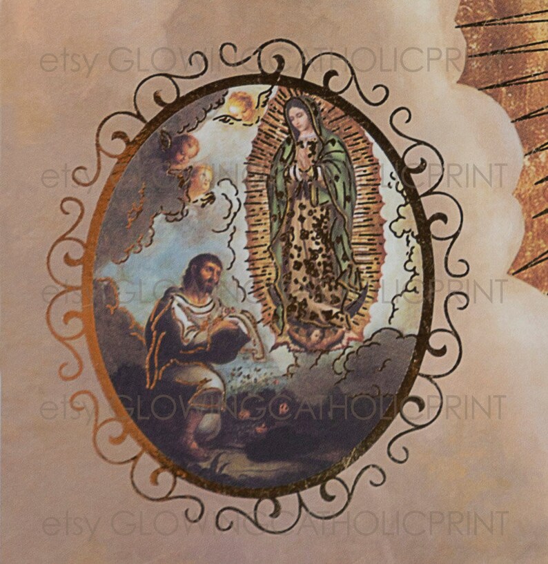 May include: A gold-framed image of the Virgin Mary in a blue and green robe, standing on a cloud with a man kneeling in prayer below her. The image is surrounded by a decorative gold frame.