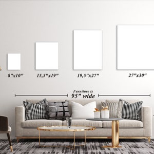 May include: Four white square canvases of different sizes hanging on a white wall above a beige sofa with black and white patterned cushions. The canvases are labelled with their dimensions: 8"x10", 15.5"x19", 19.5"x27", and 27"x30". A black line with the text "Furniture is 95" wide" is drawn below the canvases.