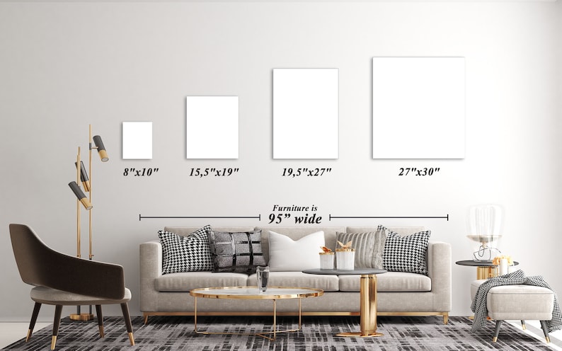 May include: Four white square canvases of different sizes hanging on a white wall above a beige sofa with black and white patterned cushions. The canvases are labelled with their dimensions: 8"x10", 15.5"x19", 19.5"x27", and 27"x30". A black line with the text "Furniture is 95" wide" is drawn below the canvases.