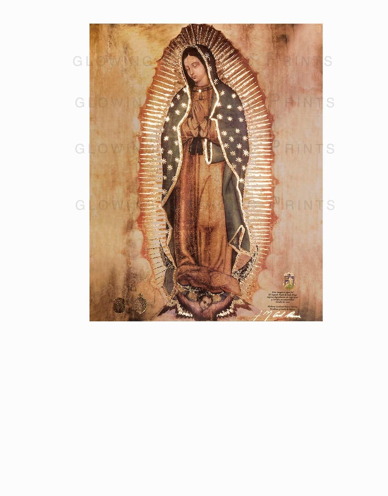 May include: A painting of the Virgin Mary, also known as Our Lady of Guadalupe, depicted in a traditional style with a gold halo and a blue and brown robe. The painting is set against a background of gold and brown.