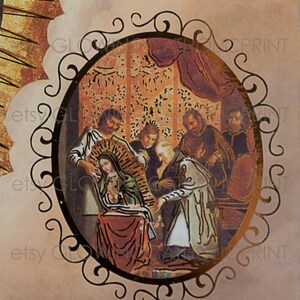 May include: A painting depicting a religious scene featuring the Virgin Mary in a blue and green robe, surrounded by figures in brown and gold robes. The scene is set in a room with patterned wallpaper and a red curtain.
