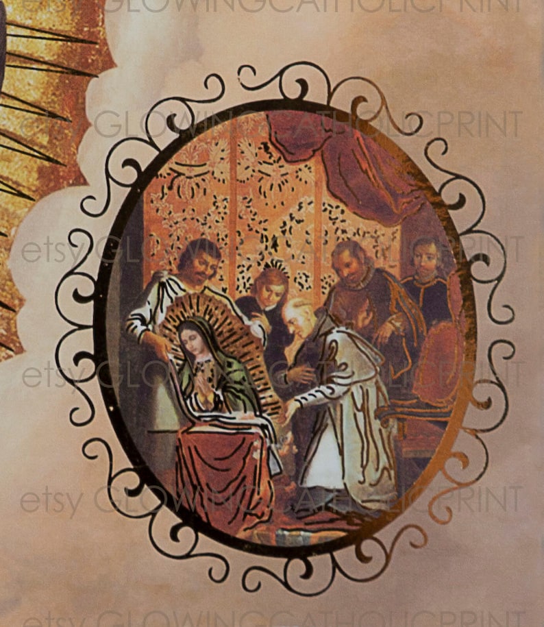 May include: A painting depicting a religious scene featuring the Virgin Mary in a blue and green robe, surrounded by figures in brown and gold robes. The scene is set in a room with patterned wallpaper and a red curtain.