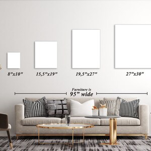 May include: Four white square canvases of different sizes hanging on a white wall above a beige sofa with black and white patterned pillows. The canvases are labeled with their dimensions in inches: 8"x10", 15.5"x19", 19.5"x27", and 27"x30". A measurement line below the canvases indicates the sofa is 95" wide.