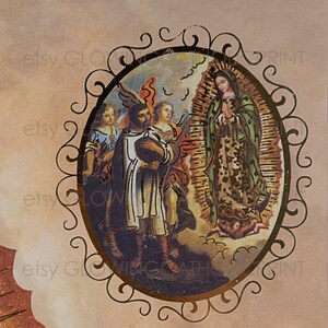 May include: A vintage-style religious image of the Virgin Mary, surrounded by angels, in a gold oval frame. The image is on a light brown background.