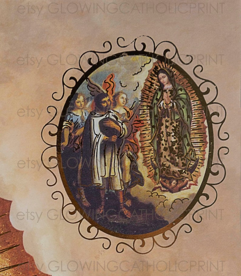 May include: A vintage-style religious image of the Virgin Mary, surrounded by angels, in a gold oval frame. The image is on a light brown background.