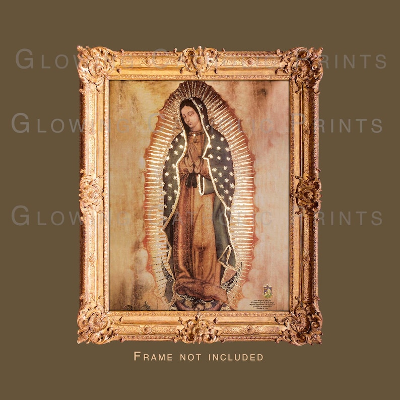 May include: A framed print of Our Lady of Guadalupe, a religious icon depicting the Virgin Mary. The image is painted in a traditional style with gold accents and a detailed frame.