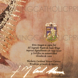 May include: A gold-embossed certificate of authenticity for a religious image. The certificate states that the image is a faithful copy of the original image of the Virgin of Guadalupe, known as the "Ayate of Juan Diego." The certificate is signed by Norberto Cardinal Rivera Carrera, Archbishop of Mexico, and dated October 2000.
