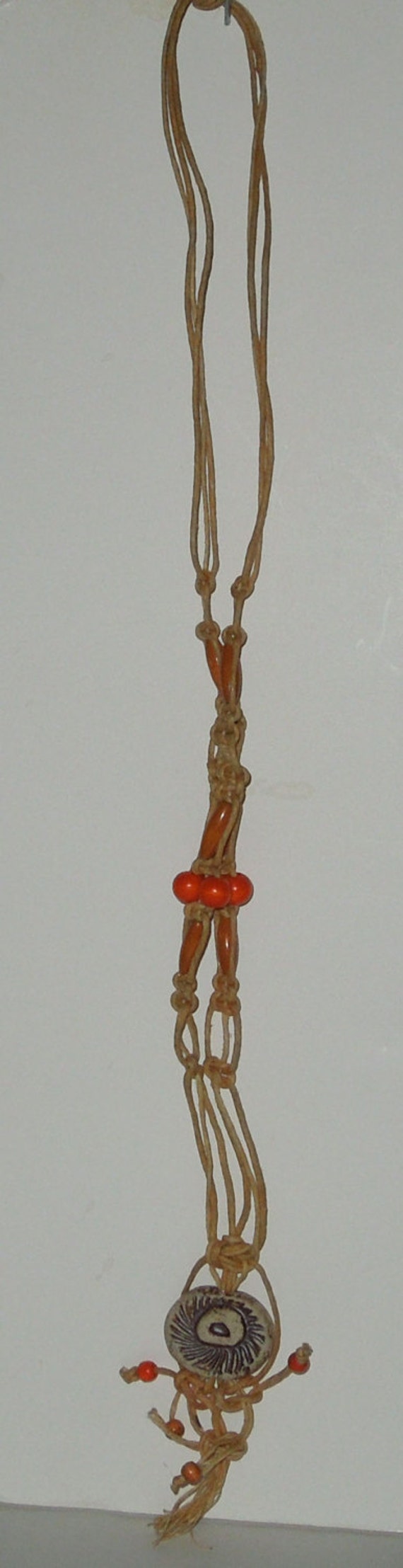 Vintage 1970s Macrame Necklace with Carved Stone a