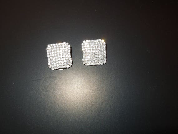 Vintage 1980s Squae Crystal Bling Clip Earrings - image 1