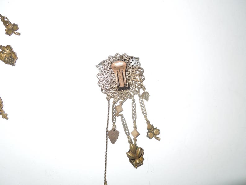 Vintage ExpressLimited Antique Brass Grape Theme Long Dangle Clip Earrings with Crystals
