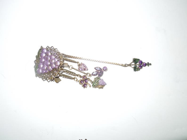 Vintage ExpressLimited Antique Brass Grape Theme Long Dangle Clip Earrings with Crystals