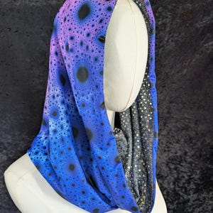 Fractal Blacklight Reactive Festival Rave Hood- infinity scarf style with silver sparkle lining, blue grid