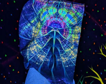 Oversized fractal UV blacklight reactive Festival rave Hood with chain
