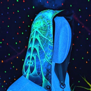 Fractal Neon blacklight reactive Festival rave Hood with chain and shiny teal velvet lining, reversible, yellow and blue