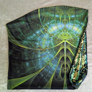 Fractal Blacklight Reactive Festival Rave Hood- infinity scarf style with black & shimmer teal velvet lining, reversible. cybermorph
