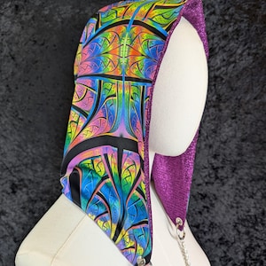 Fractal Neon blacklight reactive Festival rave Hood with chain and pink sparkle glitter lining, reversible, rainbow