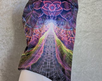 May include: A black hooded sweatshirt with a colorful psychedelic pattern featuring a glowing path leading to a bright light. The pattern includes pink, purple, yellow, and green colors.