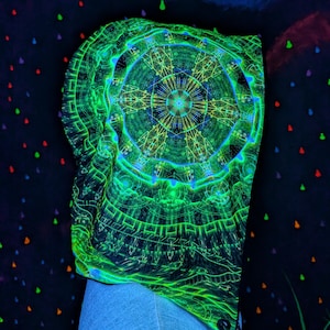 Fractal blacklight reactive Festival rave Hood with chain and faux fur lining. yellow gears